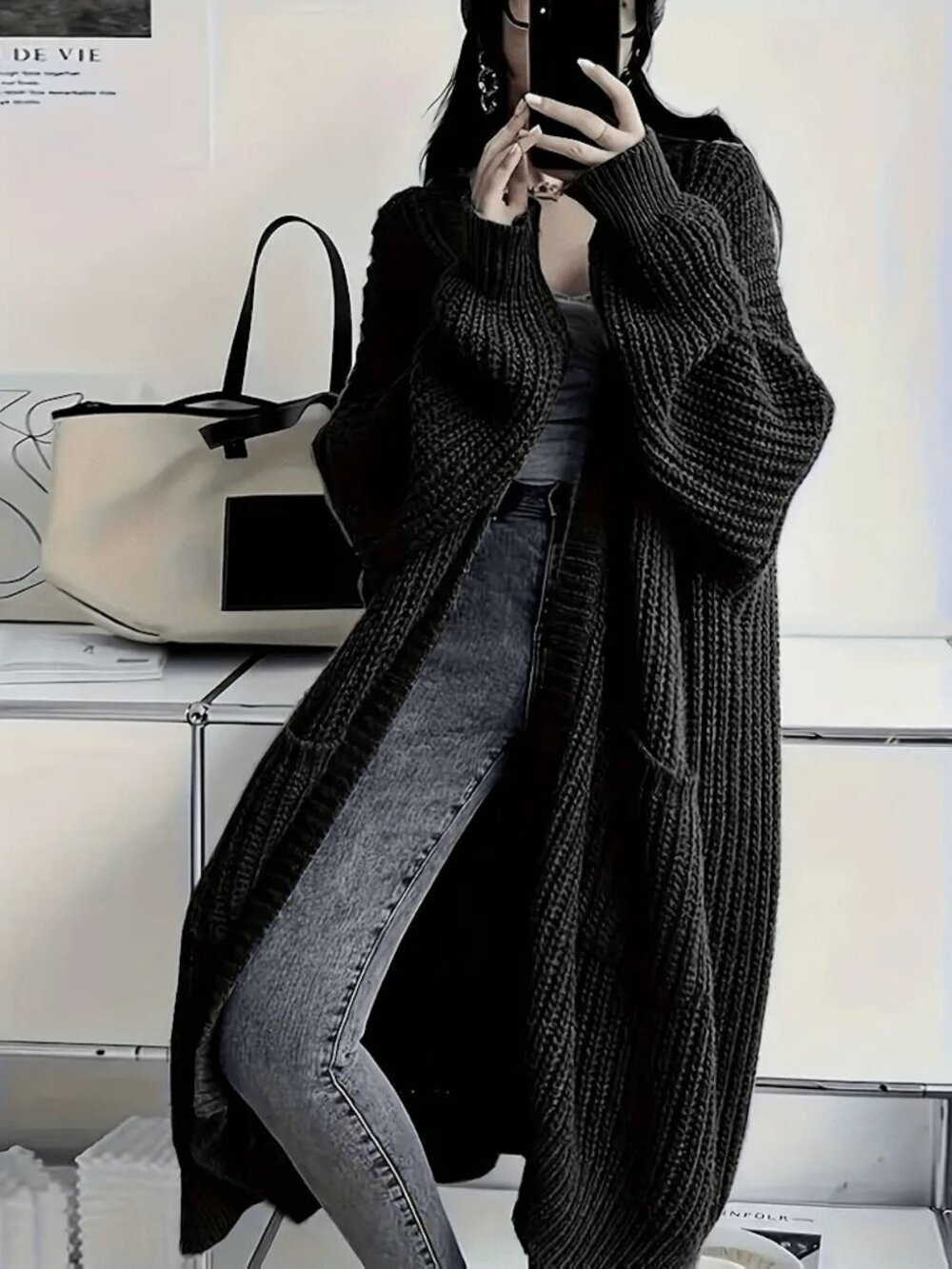Black Casual Women's Long Sleeve Loose Fit V-Neck Pocket Ribbed Knit Cardigan